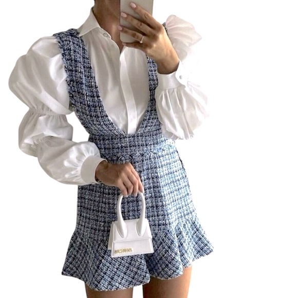 ZARA Textured Pinafore Dress Blue & white dress Sz XS old money vibes